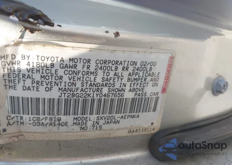 2000 Toyota Camry Le из США, поврежденный, VIN JT2BG22K1Y0467656